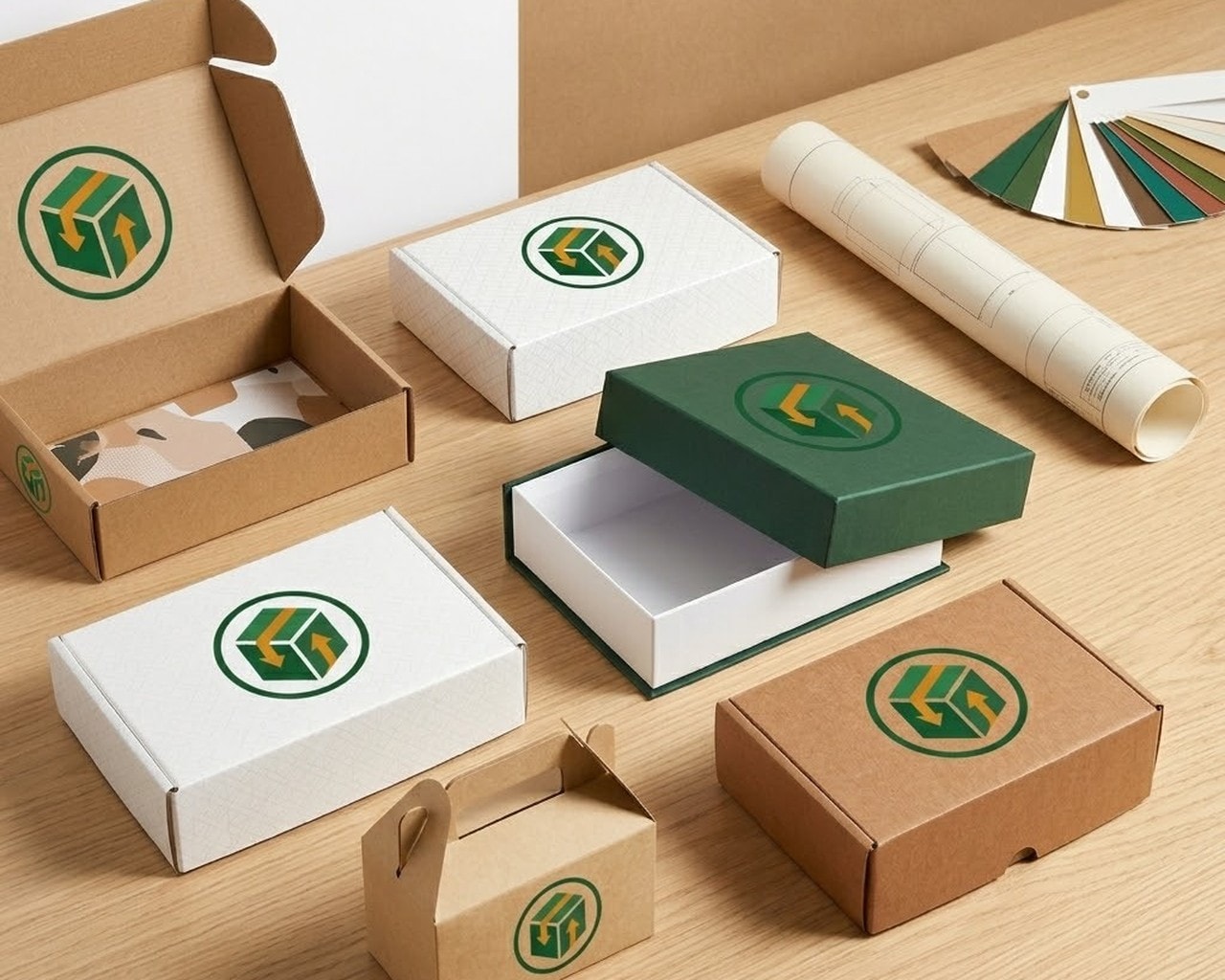 Custom packaging samples including mailer boxes, rigid boxes, and gable cartons with dielines and color swatches