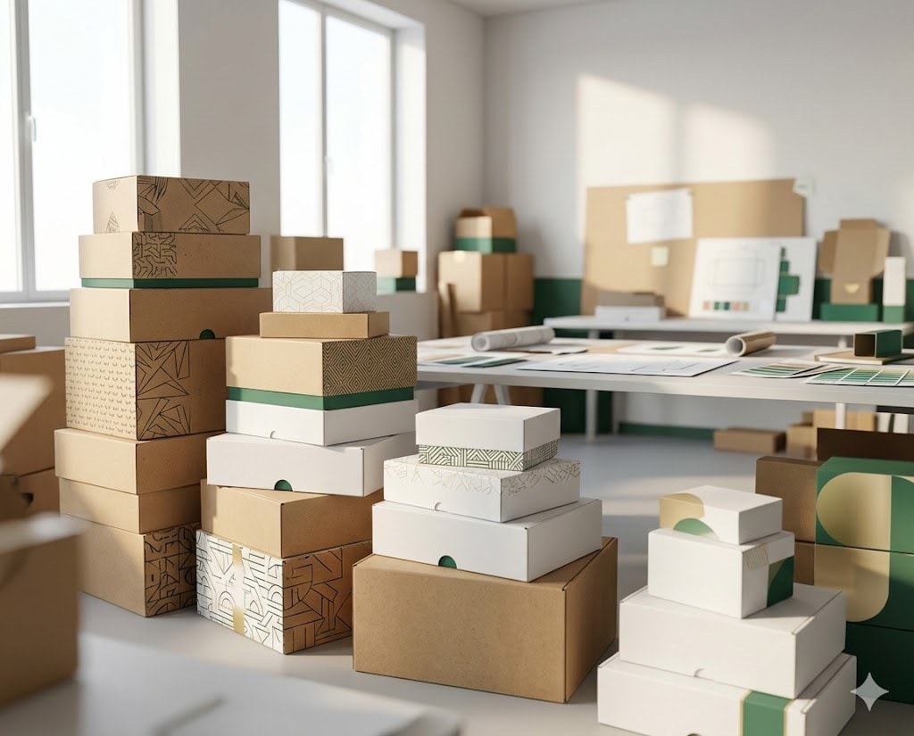 Custom packaging studio with printed mailer boxes and folding cartons